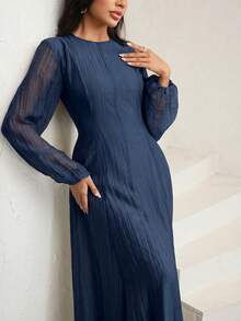 Veilorie 3/4 Sleeve High Neck Ruched Waist Elegant Versatile Dress - Navy Blue - View 4