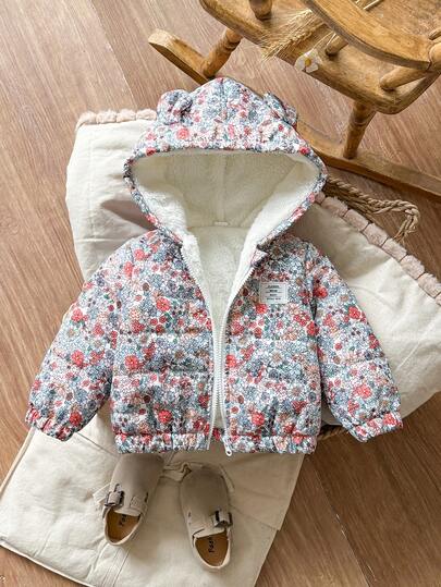 SHEIN Vintaside Kids Babygirl Infant Winter Long Sleeve Hooded Fashion Casual Versatile Thermal Lined Digital Print Jacket, Perfect For Outdoor Travel, Provides Ample Protection, Stylish And Practical, Ensures Baby Stays Fashionable During Winter Adventures