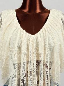 Mistrie 女款夏季蕾絲荷葉邊V領短版上衣 短喇叭袖波希米亞風蕾絲荷葉邊襯衫 - 杏色 - 查看 8