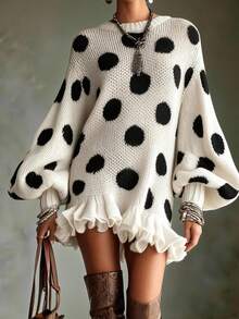 LUMIGAL Women's Polka Dot Lantern Sleeve Ruffle Hem Knit Dress - Black and White - View 2