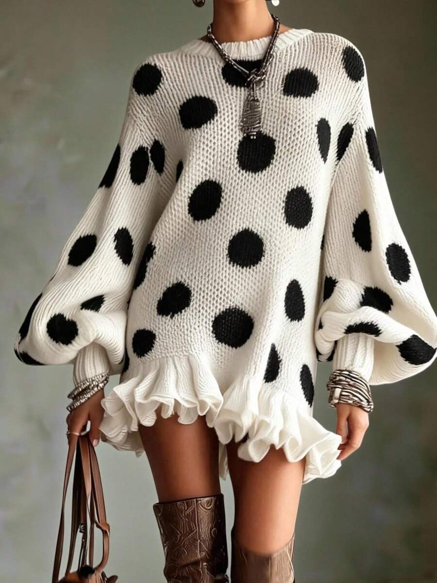 LUMIGAL Women's Polka Dot Lantern Sleeve Ruffle Hem Knit Dress