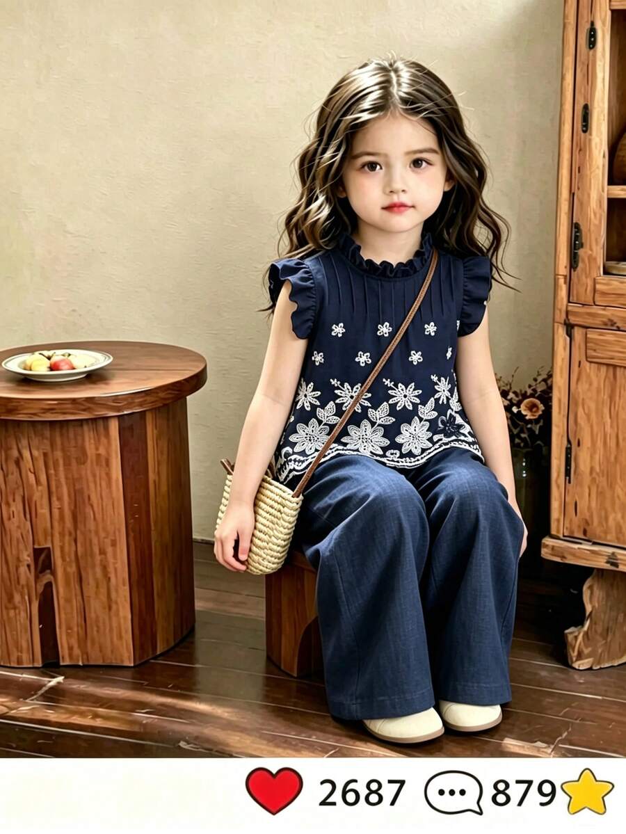 SHEIN Elladie kids 2件組女童夏季新款圓領後背水滴造型藍色蝴蝶結仿刺繡印花布料荷葉袖前綴蝴蝶結裝飾上衣休閒直筒短褲簡約復古時尚套裝 - 寶藍色 - 查看 1