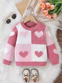 SHEIN Vintaside Kids 1件女童幼兒套頭毛衣，圓領，簡約百搭3D配色愛心提花圖案，清新可愛風，適中厚度，收邊整齊，設計精緻，時尚易穿，適合日常穿著、外出、居家、上學等多種場合，秋冬穿搭 - 彩色 - 查看 1