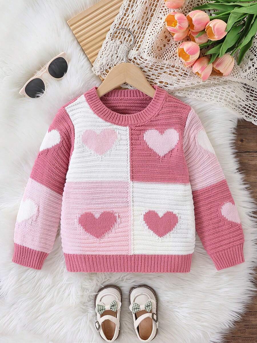 SHEIN Vintaside Kids 1件女童幼兒套頭毛衣,圓領,簡約百搭3D配色愛心提花圖案,清新可愛風,適中厚度,收邊整齊,設計精緻,時尚易穿,適合日常穿著、外出、居家、上學等多種場合,秋冬穿搭 - 彩色 - 查看 1