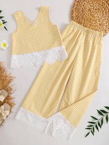 SHEIN Elladie kids 青少年女孩 2件組 T恤套裝 春夏新款 休閒通勤 梭織粗麻亞麻 蝴蝶結裝飾 V領 無袖鏤空燒花 寬鬆款 - 黃色 - 查看 3