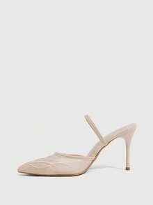 CUCCOO SZL Women Shoes Multi-Color Mesh Embroidery Pointed-Toed Stiletto Mules Gentle Wedding Dress Style Spring And Summer Style Suitable For Wedding Dating - Apricot A - View 4