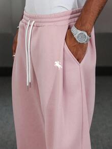 Manfinity EMRG Men's Solid Color Drawstring Waist Pocket Casual Loose Sweatpants, Baggy Grey For Back To School Wide Leg Gym Pants Y2k Oversized - Pink - View 4