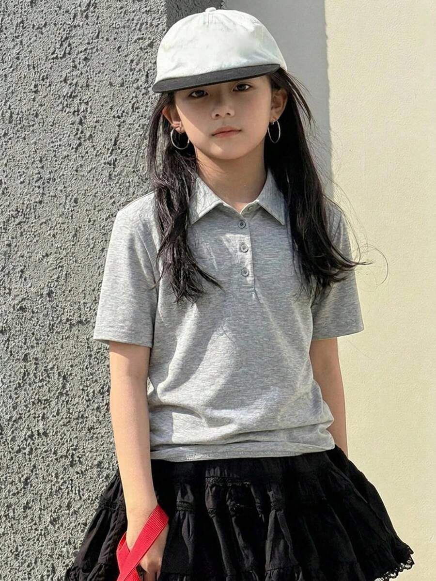 Dazy Kids 少女純色 Polo 領短袖休閒 T 恤 夏季 - 灰色 - 查看 1
