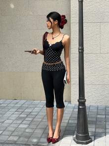 SHEIN Tall CURVE 大码女式黑色波点侧开衩修身休闲七分裤，女士休闲服饰 - 黑色 - 查看 5