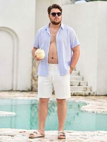 Mercer Haus Plus Size Men's Summer Casual Beach Vacation Drawstring Waist Pocketed Textured Shorts - White - View 4