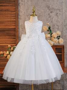 SHEIN Glamorique Kids 女童薄紗亮片刺繡洋裝，生日派對、婚禮花童公主風白色冬季婚禮禮服 - 白色 - 查看 4