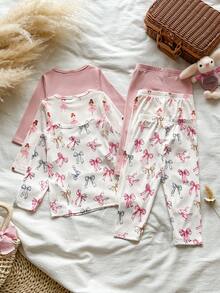 SHEIN Vintaside Kids 女嬰女童春秋多件套裝圓領長袖簡約休閒日常針織羅紋數位印花與素色上衣搭配休閒簡約時尚長褲套裝，適合日常居家休閒戶外公園散步露營度假穿著 - 彩色 - 查看 2