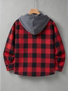 Vacaura 1件男童格紋連帽夾克，休閒日常通勤穿搭，適合秋冬 - 紅色 - 查看 2