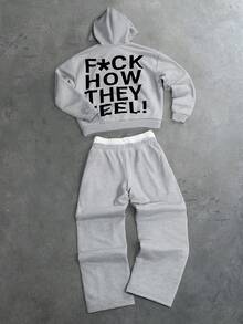 PAVTROS Conjunto de sudadera con capucha y pantalones de chándal con estampado de letras para hombre, atuendo casual diario - Gris - Ver 2
