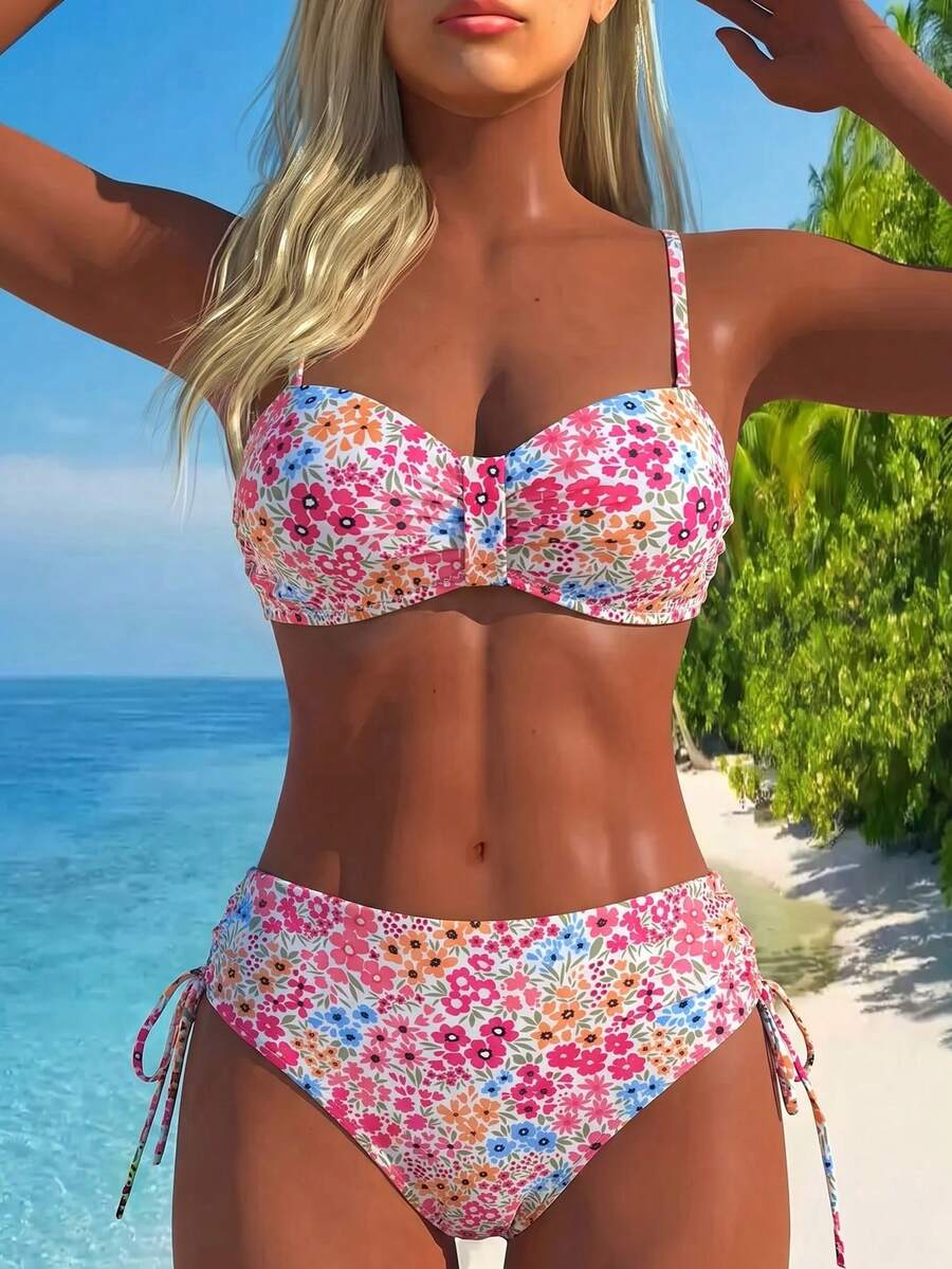 Swim Lushoire 女款夏季度假海灘性感彩色碎花聚攏鋼圈可拆式細肩帶抓皺平口比基尼上衣搭配高腰側抽繩比基尼褲套裝 - 彩色 - 查看 1