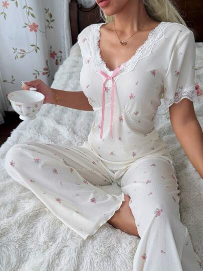 CottageSlumber Women's Apricot Lace Trim Bow Tie Ditsy Floral Super Soft Drapey Cool Ice Silk Ribbed Knit Fabric Daily Casual Home & Outdoor Wear Regular Shoulder Slim Fit Wide Leg Pants Pajama Set