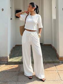 SHEIN EZwear 95%棉羅紋女款T恤與長褲套裝，舒適居家、日常、健身、復古、軟妹風、街頭風 - 彩色 - 查看 5