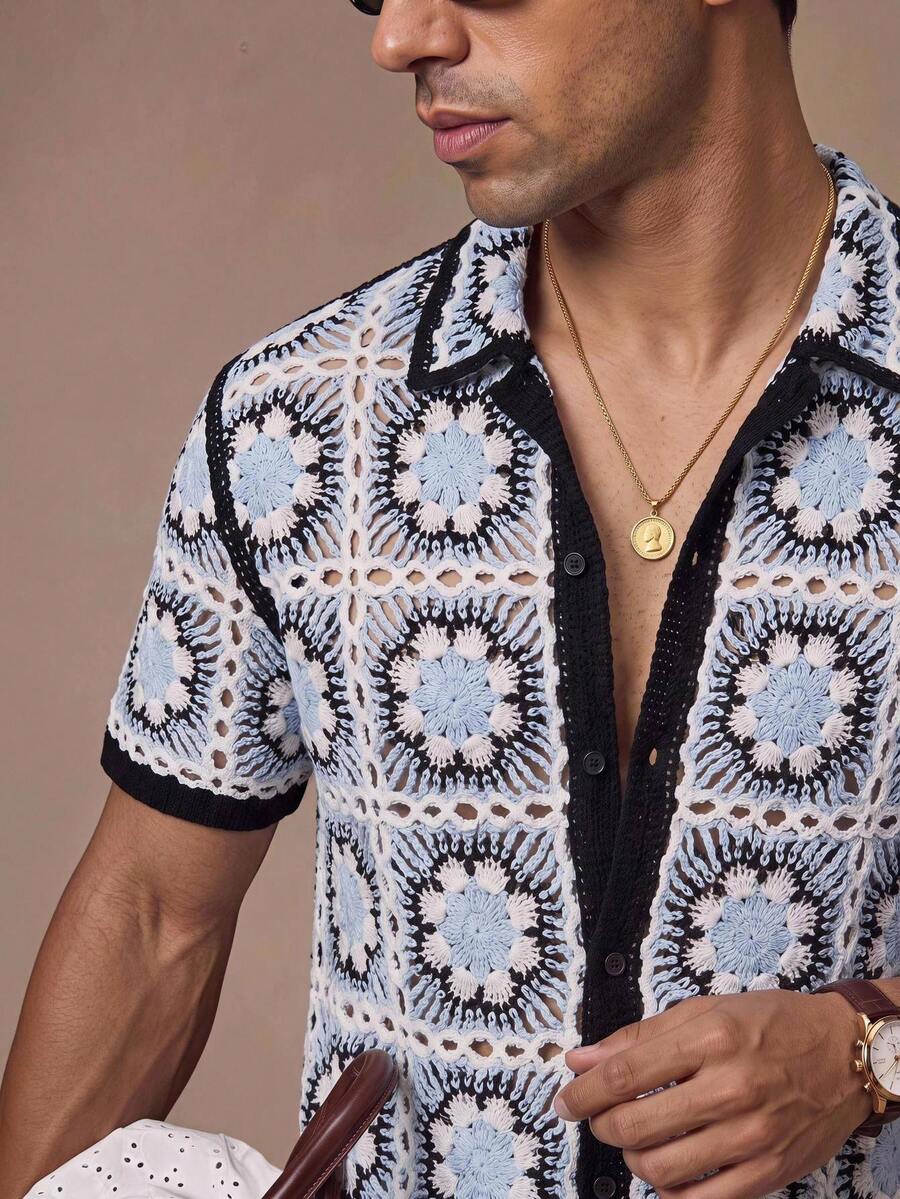 HIMLAND Men's Fashion Contrast Color Hollow Floral Short Sleeve Cardigan - Baby Blue - View 1