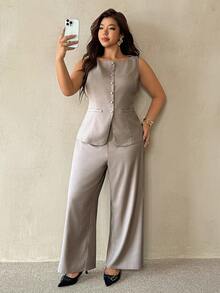 Auralis Plus Size Women Solid Color Vest And Pants Casual Elegant Commute Suit Set Office Formal Grey Summer - Khaki - View 5