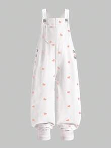 SHEIN 女童幼兒連身褲，愛心印花設計，柔軟棉質休閒款，時尚百搭，單件淺綠藍色丹寧休閒可愛愛心印花連身褲，適合外出與派對 - 白色 - 查看 8
