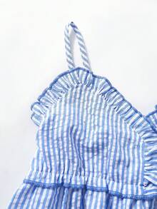 SHEIN 青少年女孩 2件組 春夏休閒優雅藍白泡泡皺褶布料細肩帶上衣搭配長褲 - 藍色 - 查看 4