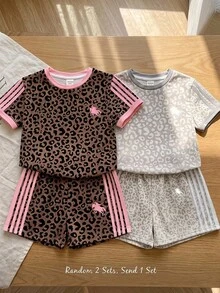 SHEIN 2pcs Vintage Leopard Print & Striped Round Neck Short Sleeve T-Shirt And Shorts Set,Young Girls Casual Outfit For Summer Daily,Holiday,School,Sports - Multicolor - View 2
