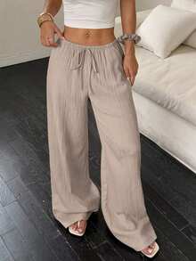 EMERY ROSE Pantalones casuales de mujer de unicolor con cintura elástica y cuerda decorativa, con bolsillos, talla grande, verano & otoño - Caqui - Ver 4