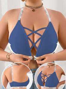 SHEIN Plus Size Front Closure Wireless Bra, 1pc - Teal Blue - View 1