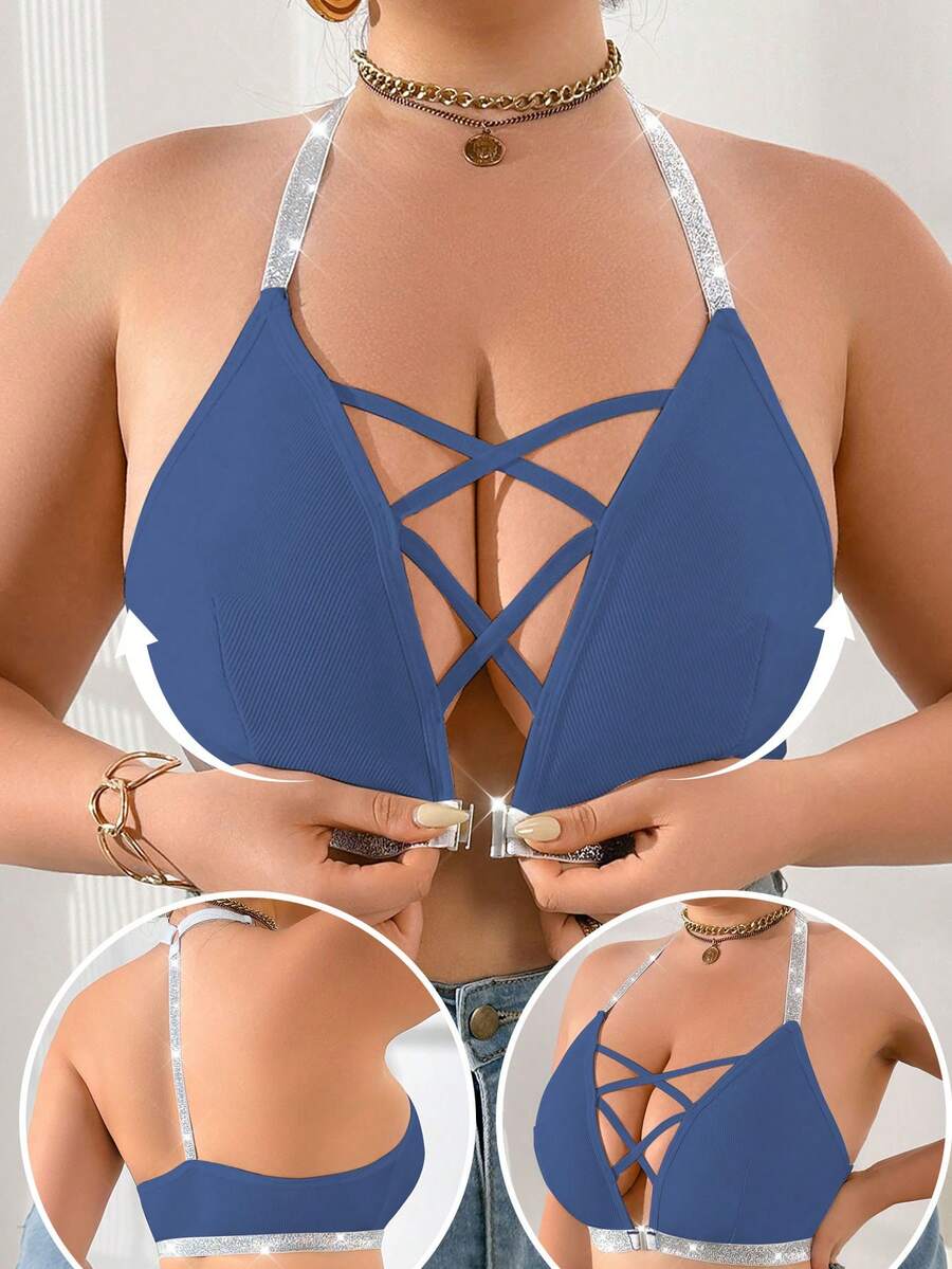 SHEIN Plus Size Front Closure Wireless Bra, 1pc - Teal Blue - View 1