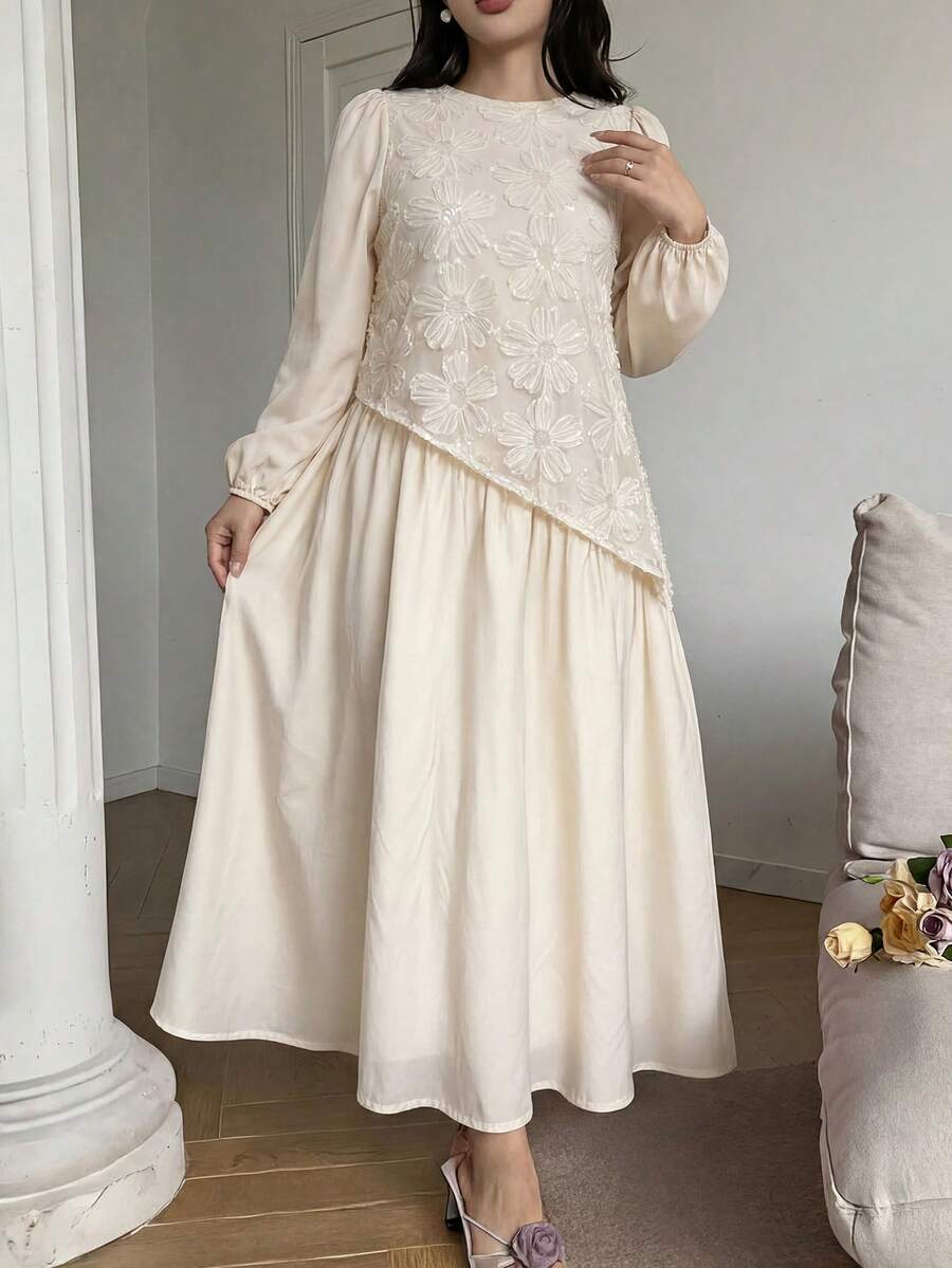 Feyla Plus Size Women's Jacquard Round Neck Pleated Casual Party Dress - Apricot - View 1
