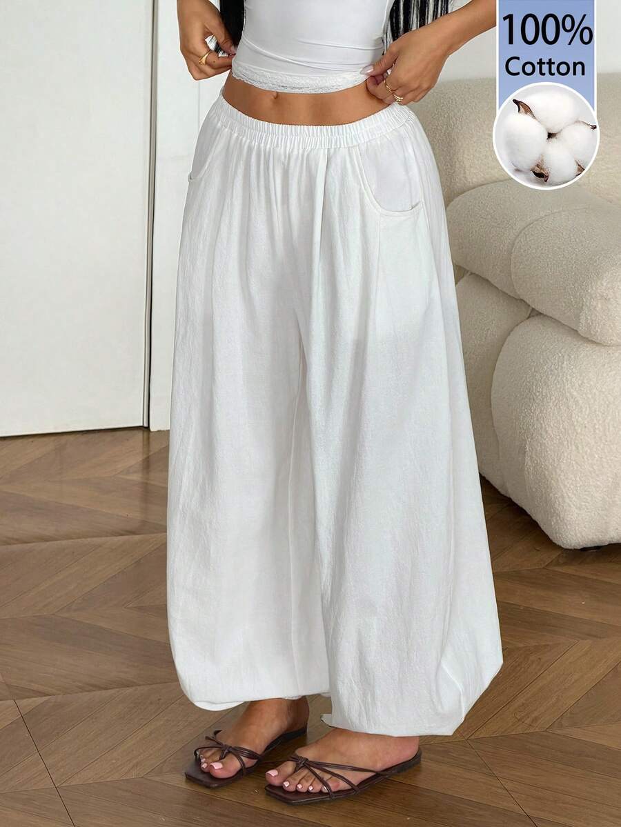 SHEIN PETITE 女款純色鬆緊腰口袋燈籠褲 - 白色 - 查看 1