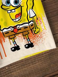 SpongeBob SquarePants | SHEIN 小男孩卡通印花短袖T恤與短褲休閒套裝 - 白色 - 查看 3