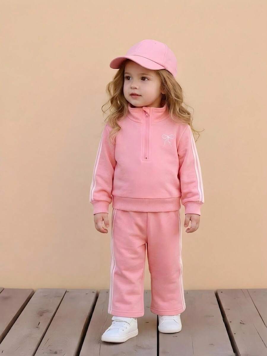 SHEIN Baby Girl Bow Embroidered Sweatshirt Set, Casual Cute Suitable For Daily Wear - Pink - View 1