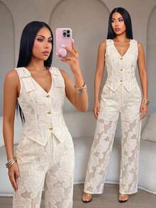 SOLERSUN Elegant Commute Birthday Party Outing Suit Set, Premium Jacquard Fabric, Women's Spring/Summer Cream - Apricot - View 9