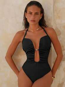 Swim Chiccia Women's Solid Color Deep V Ruched Pearl Decor One-Piece Swimsuit, Spring/Summer Capri Holiday - Black - View 5