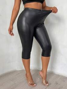 SHEIN SXY Plus Size Women's Solid Color PU Leather Fashion Capris - Black - View 4