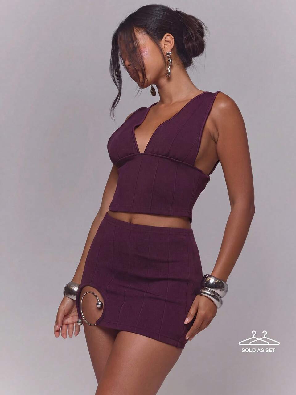 Purple Bandage Spiral Trim Halterneck Top And Mini Skirt Sold As Set