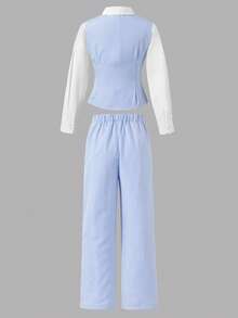 Tween Girls Fall Outfits 2pcs/Set Classic Collared White Sleeve Patchwork Navy Blue Top Waist-Cinched Cut Crisp Short Length For Teachers' Day Scho... - Blue - View 2