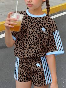 復古時尚豹紋棕色與藍色條紋，青少年女孩休閒舒適圓領短袖T恤與短褲兩件套，適合春季/夏季日常、度假、假日、外出、校園、運動、返校、開學、夏季 - 彩色 - 查看 3