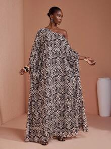 JIAN LASALA Multicolor All-Over Print Chiffon Off-Shoulder Women Boho Maxi Dress Batwing Sleeve - Multicolor - View 6