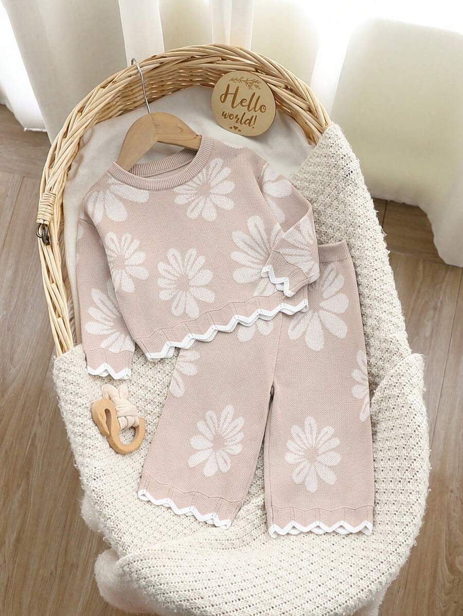 SHEIN 女嬰秋冬花卉提花針織毛衣套裝 - 彩色 - 查看 1