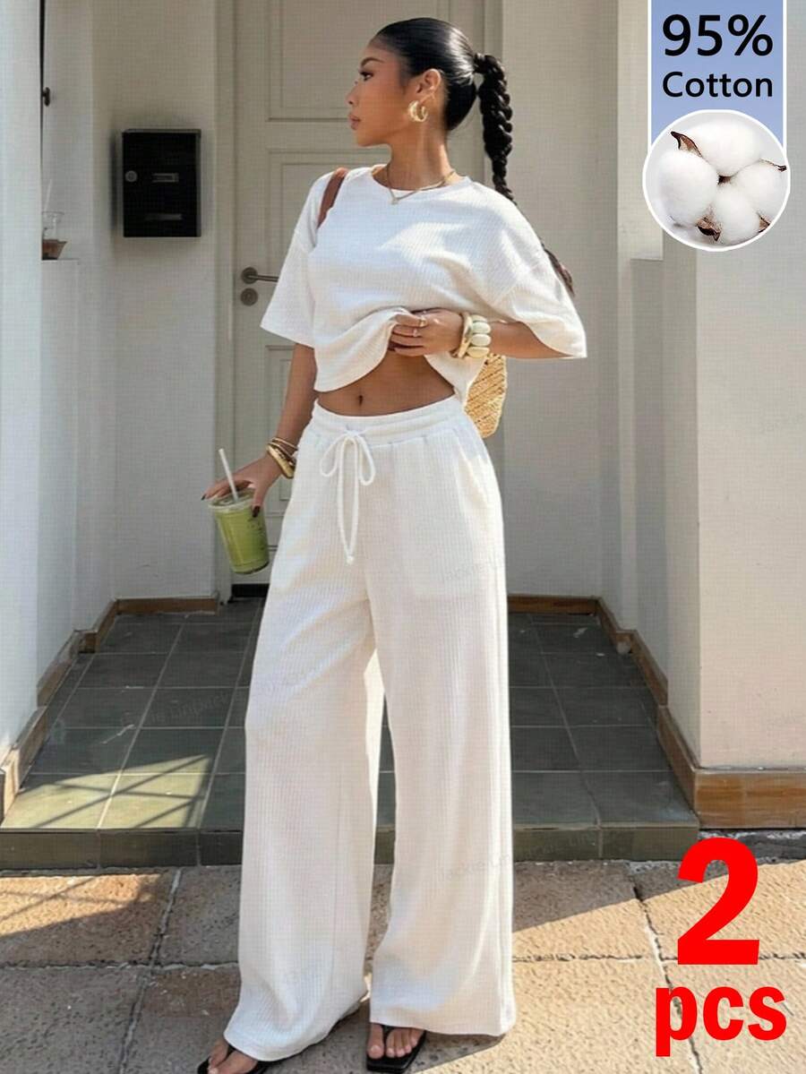 SHEIN EZwear 95%棉羅紋女款T恤與長褲套裝,舒適居家、日常、健身、復古、軟妹風、街頭風 - 彩色 - 查看 1