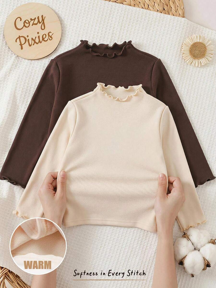 Cozy Pixies 女嬰 3 件組簡約休閒高領保暖內裡長袖套頭底層上衣,極簡時尚,室內外場合皆適用,舒適可愛日常百搭款 - 彩色 - 查看 1