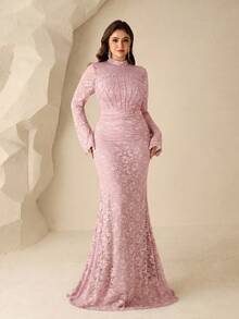 Coutiva Plus Size Women's Elegant Ruched Waist Stand Collar Evening Dress - Pink - View 1