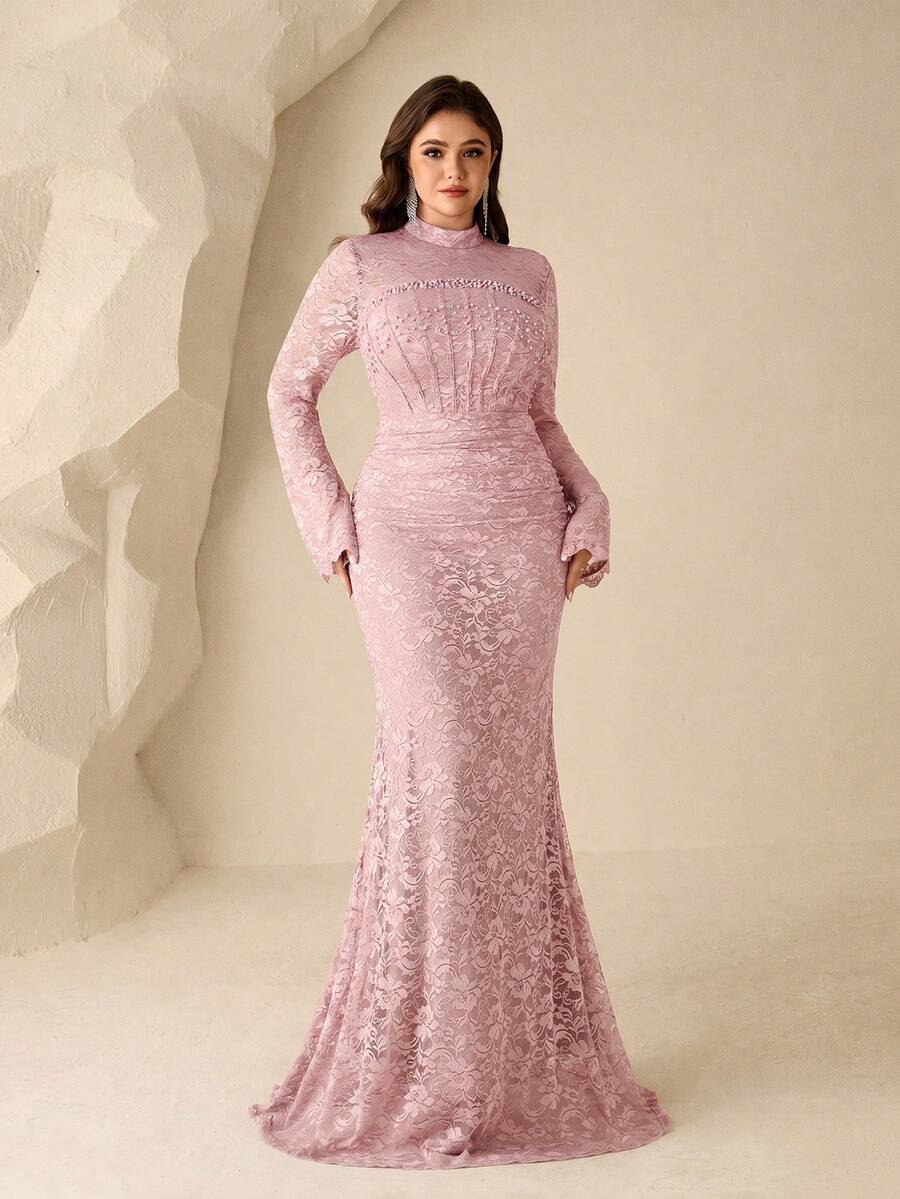 Coutiva Plus Size Women's Elegant Ruched Waist Stand Collar Evening Dress - Pink - View 1