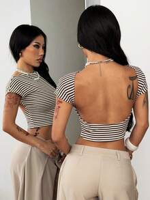 Coolane Women's Summer Streetwear Casual Country Concert Sexy Chic Stretchy White And Brown Striped Backless Tops Club Club Night Night Out - Brown - View 4
