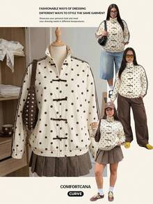 Comfortcana Plus Size Colorblock Striped Polka Dot Print Sweatshirt Fall - Apricot - View 1