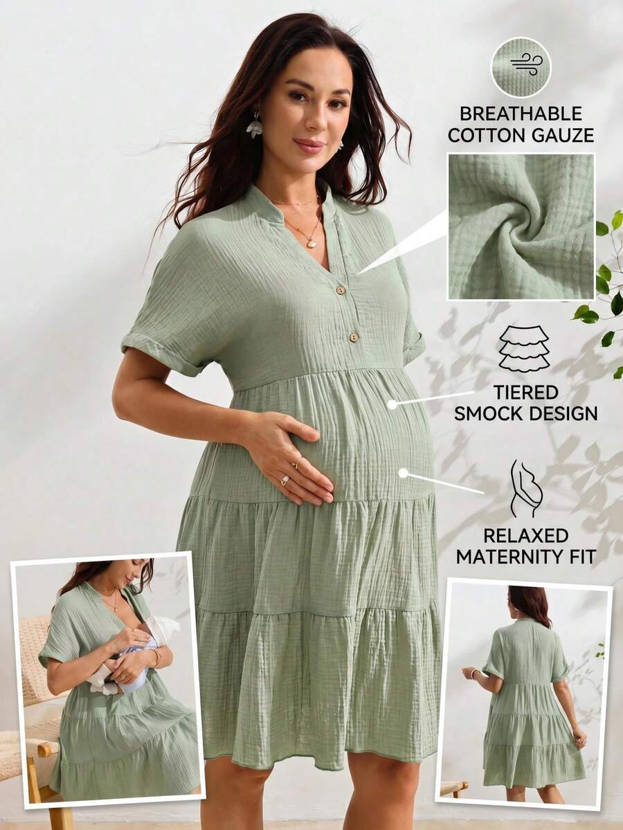 SHEIN Women's Short Sleeve Casual Ruched Mint Green Nursing Dress - Mint Green - View 1