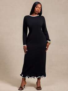 Radiana Curve Plus Size Women's Trimmed Round Neck Long Sleeve Fitted Elegant Dress Fall - Black and White - View 7