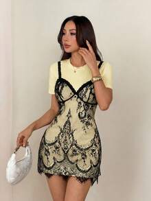 SHEIN PETITE 女款性感蕾絲二合一短袖洋裝 - 淡黃色 - 查看 4